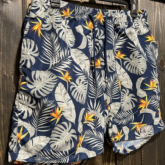 Refinery Republic Swim Shorts XL Trunks Tropical Print Beach Navy Blue Orange - Picture 2 of 8